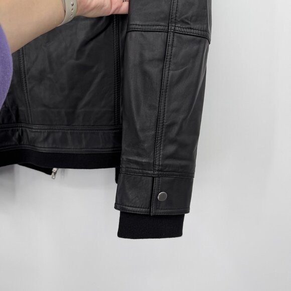 Quince Women's Black Leather Jacket size S Removable Hood Sheep Full Zip Lined - Picture 16 of 16